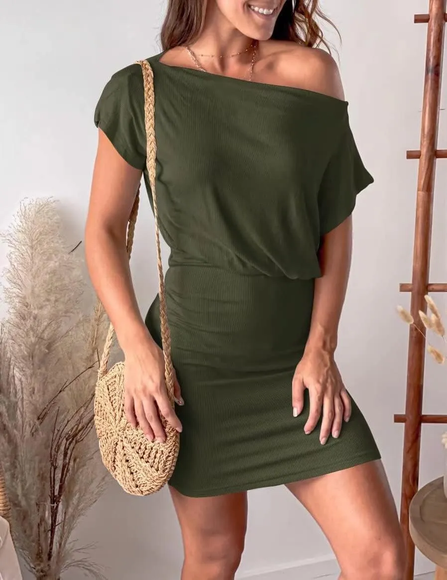 Ezbelle Women's Off The Shoulder Short Sleeve Ribbed Casual Summer HIPS-Wrapped Bodycon Party Mini Batwing Dress