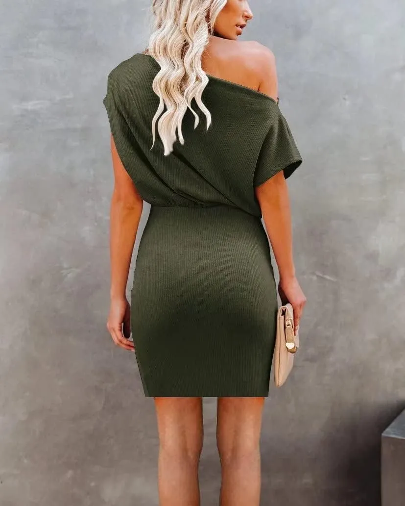 Ezbelle Women's Off The Shoulder Short Sleeve Ribbed Casual Summer HIPS-Wrapped Bodycon Party Mini Batwing Dress