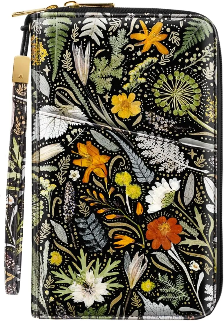 Family Passport Holder Wallet RFID Blocking Document Organizer PU Leather Mulit-purpose Travel Wallet Credit Cards Case for Women Men, Dried Flowers