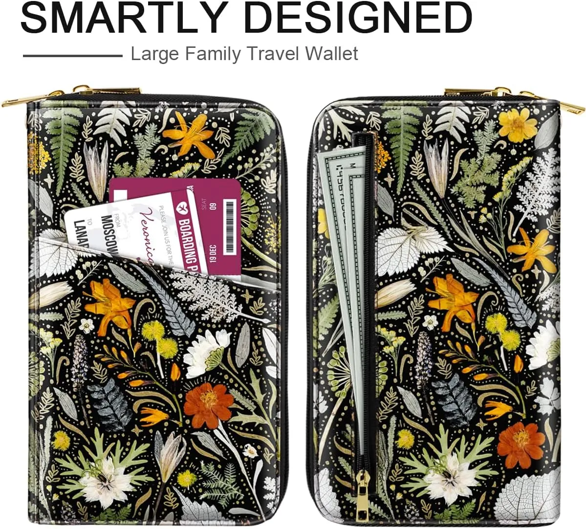 Family Passport Holder Wallet RFID Blocking Document Organizer PU Leather Mulit-purpose Travel Wallet Credit Cards Case for Women Men, Dried Flowers