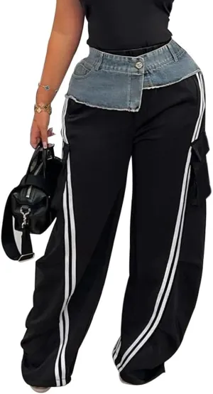 Famnbro Womens Cargo Sweatpants Striped Baggy Patchwork Denim High Waisted Straight Wide Leg Track Pants