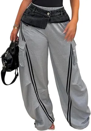 Famnbro Womens Cargo Sweatpants Striped Baggy Patchwork Denim High Waisted Straight Wide Leg Track Pants