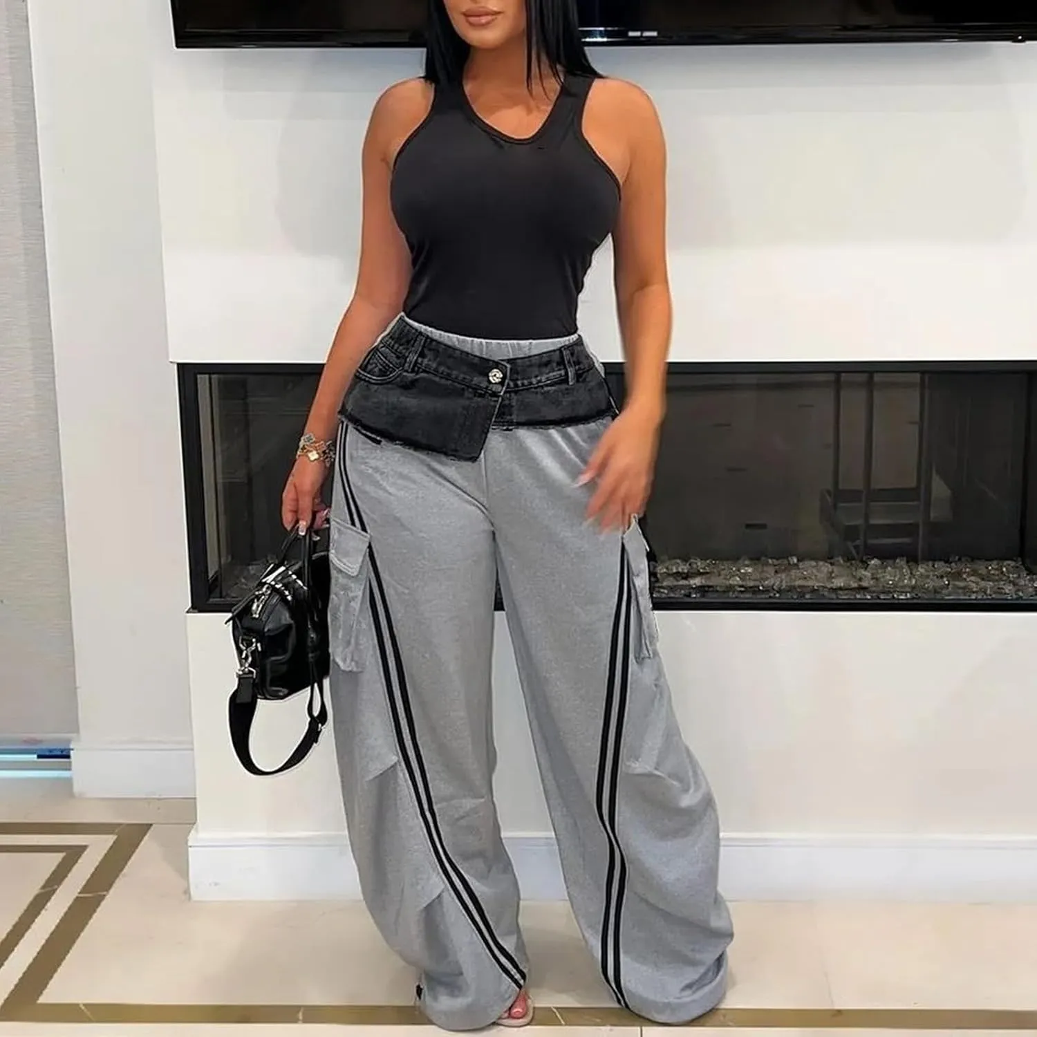 Famnbro Womens Cargo Sweatpants Striped Baggy Patchwork Denim High Waisted Straight Wide Leg Track Pants