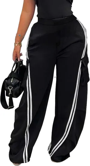 Famnbro Women's Cargo Sweatpants Striped Baggy Y2k Sweat Pants High Waist Straight Wide Leg Track Pants