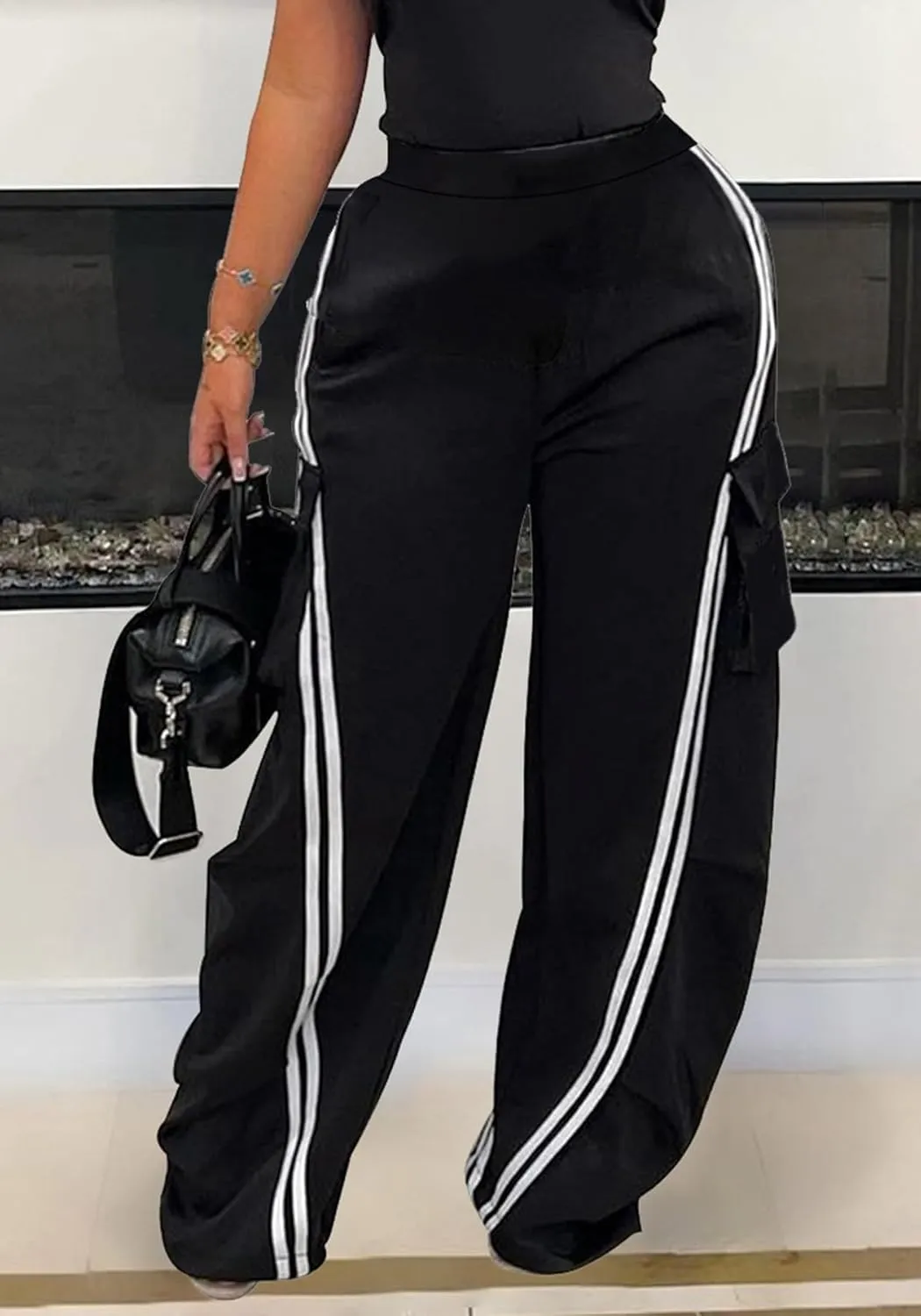 Famnbro Women's Cargo Sweatpants Striped Baggy Y2k Sweat Pants High Waist Straight Wide Leg Track Pants