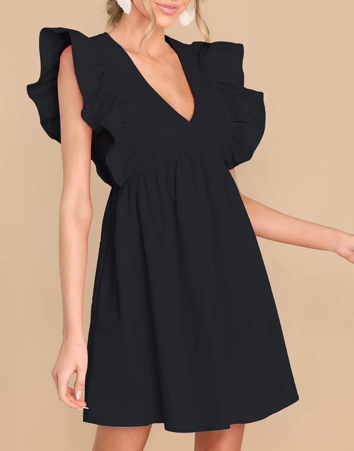 FANCYINN Women's Summer Casual Babydoll Mini Dress Ruffle Sleeveless Deep V Neck High Waist Swing Tunic Dress with Pockets