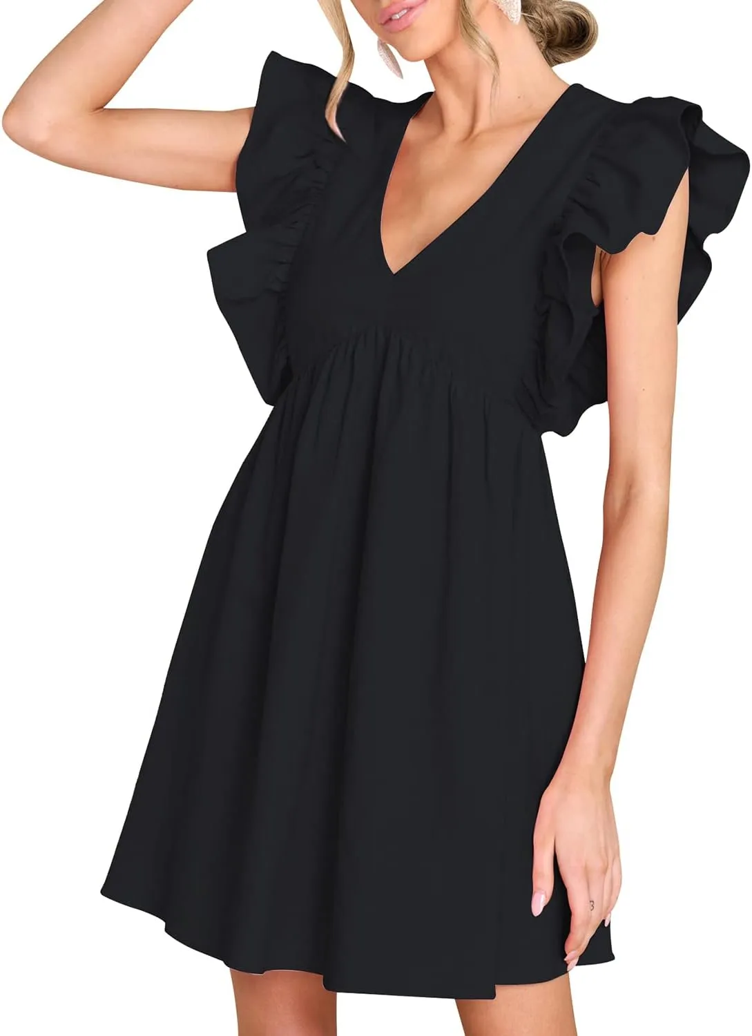 FANCYINN Women's Summer Casual Babydoll Mini Dress Ruffle Sleeveless Deep V Neck High Waist Swing Tunic Dress with Pockets