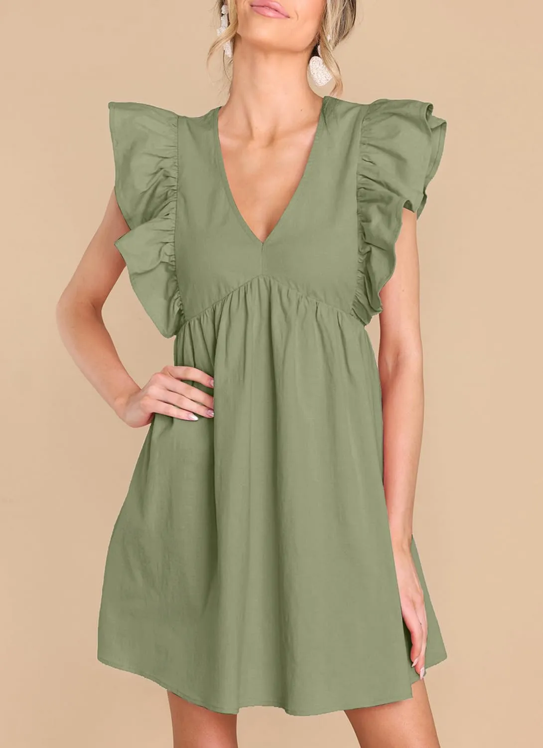 FANCYINN Women's Summer Casual Babydoll Mini Dress Ruffle Sleeveless Deep V Neck High Waist Swing Tunic Dress with Pockets