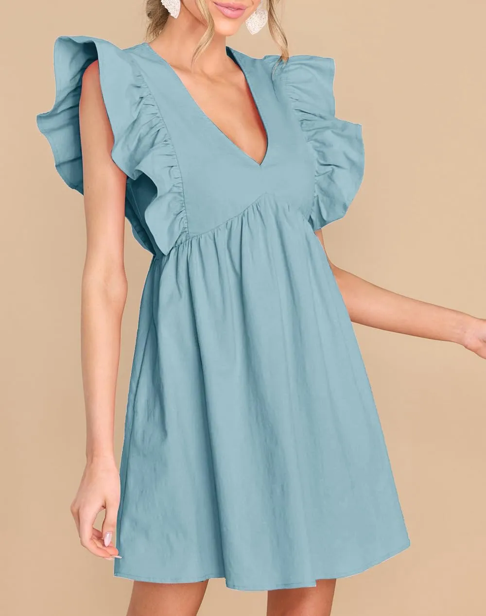 FANCYINN Women's Summer Casual Babydoll Mini Dress Ruffle Sleeveless Deep V Neck High Waist Swing Tunic Dress with Pockets