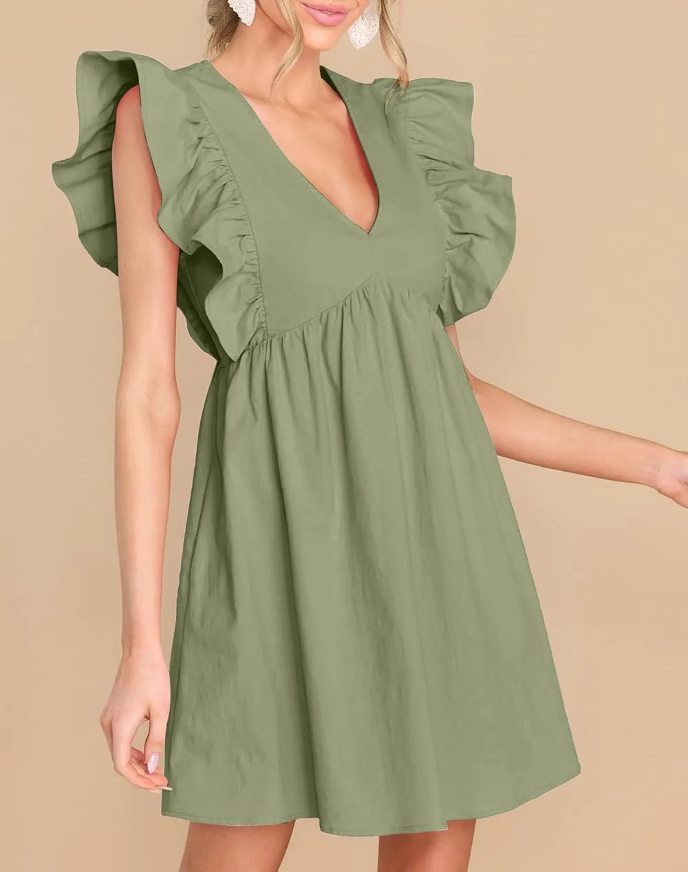 FANCYINN Women's Summer Casual Babydoll Mini Dress Ruffle Sleeveless Deep V Neck High Waist Swing Tunic Dress with Pockets