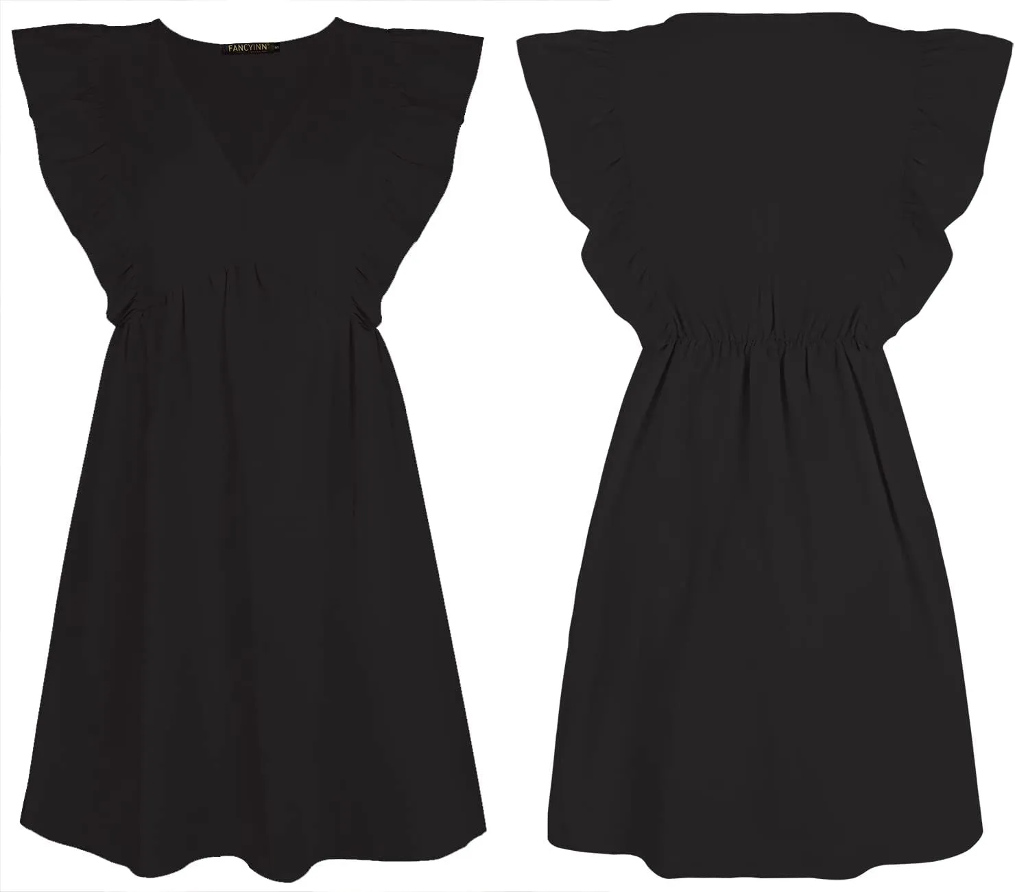 FANCYINN Women's Summer Casual Babydoll Mini Dress Ruffle Sleeveless Deep V Neck High Waist Swing Tunic Dress with Pockets