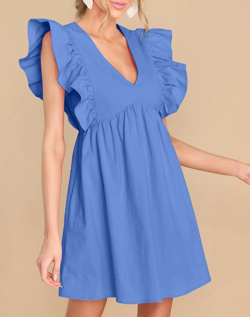 FANCYINN Women's Summer Casual Babydoll Mini Dress Ruffle Sleeveless Deep V Neck High Waist Swing Tunic Dress with Pockets