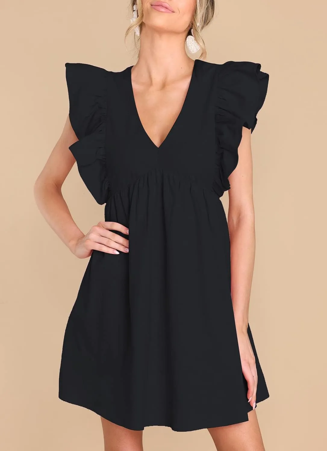 FANCYINN Women's Summer Casual Babydoll Mini Dress Ruffle Sleeveless Deep V Neck High Waist Swing Tunic Dress with Pockets