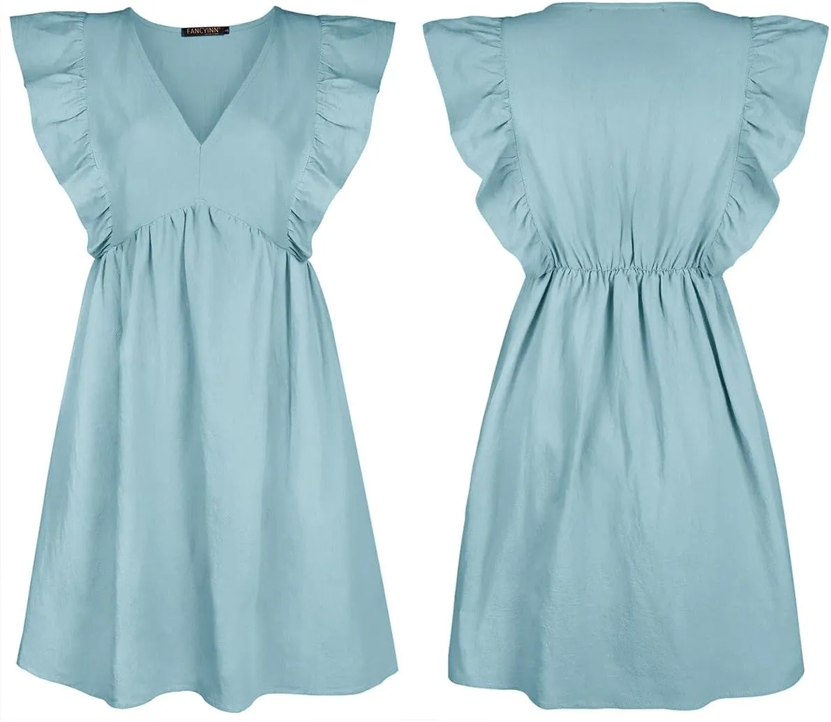 FANCYINN Women's Summer Casual Babydoll Mini Dress Ruffle Sleeveless Deep V Neck High Waist Swing Tunic Dress with Pockets