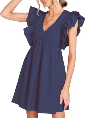 FANCYINN Women's Summer Casual Babydoll Mini Dress Ruffle Sleeveless Deep V Neck High Waist Swing Tunic Dress with Pockets