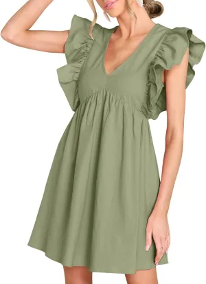 FANCYINN Women's Summer Casual Babydoll Mini Dress Ruffle Sleeveless Deep V Neck High Waist Swing Tunic Dress with Pockets