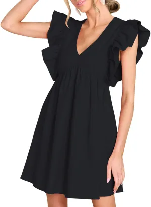 FANCYINN Women's Summer Casual Babydoll Mini Dress Ruffle Sleeveless Deep V Neck High Waist Swing Tunic Dress with Pockets
