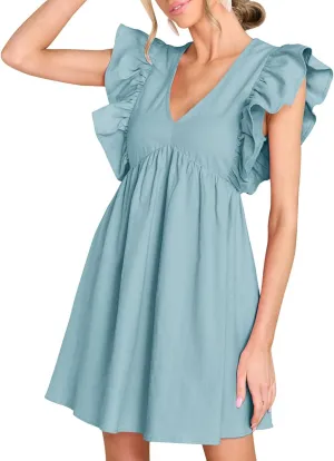 FANCYINN Women's Summer Casual Babydoll Mini Dress Ruffle Sleeveless Deep V Neck High Waist Swing Tunic Dress with Pockets