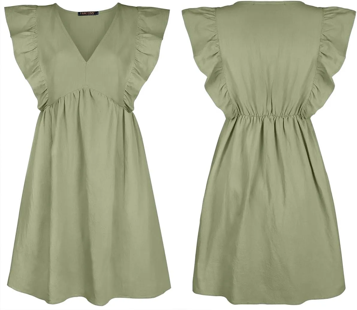 FANCYINN Women's Summer Casual Babydoll Mini Dress Ruffle Sleeveless Deep V Neck High Waist Swing Tunic Dress with Pockets