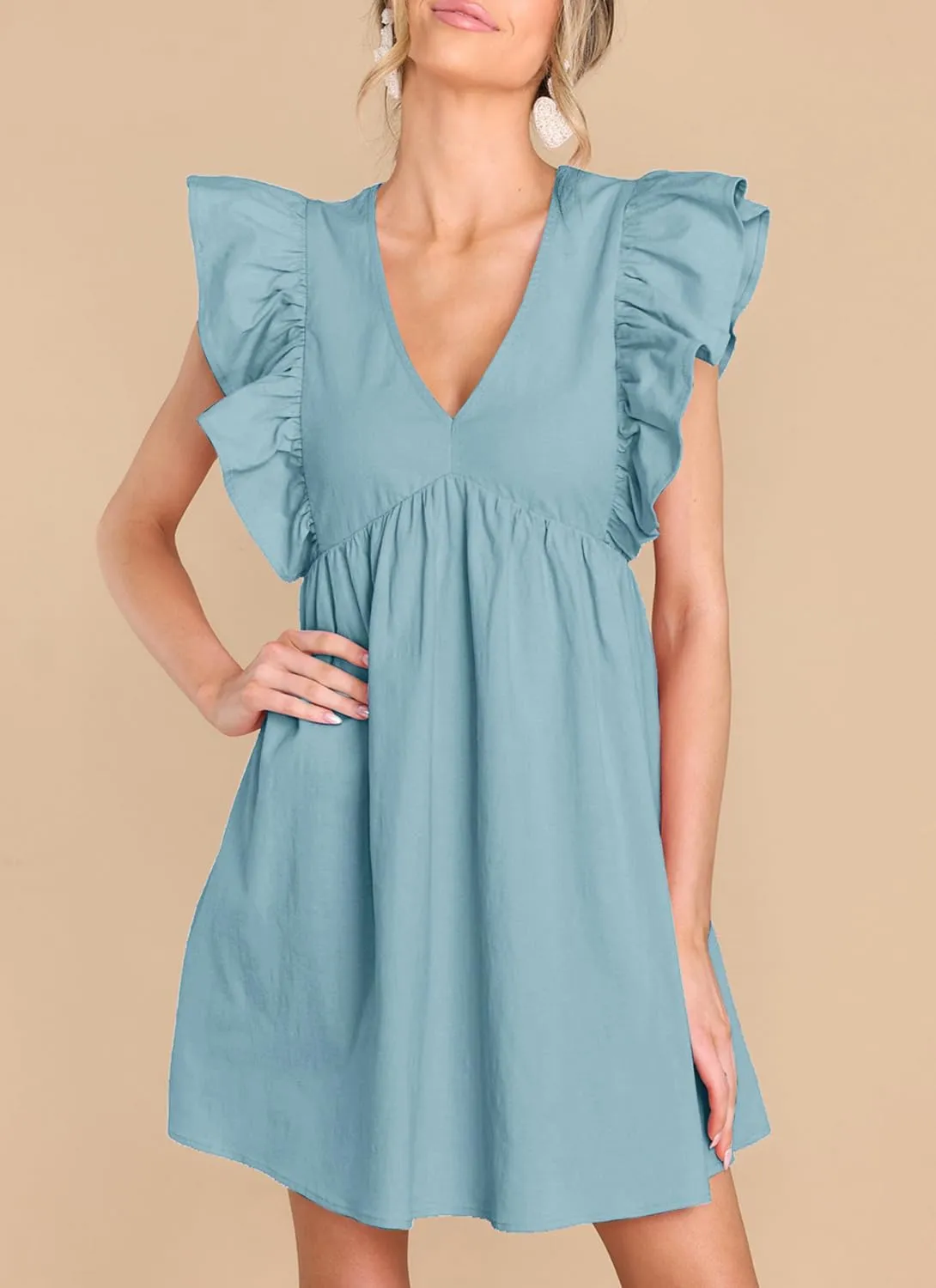 FANCYINN Women's Summer Casual Babydoll Mini Dress Ruffle Sleeveless Deep V Neck High Waist Swing Tunic Dress with Pockets