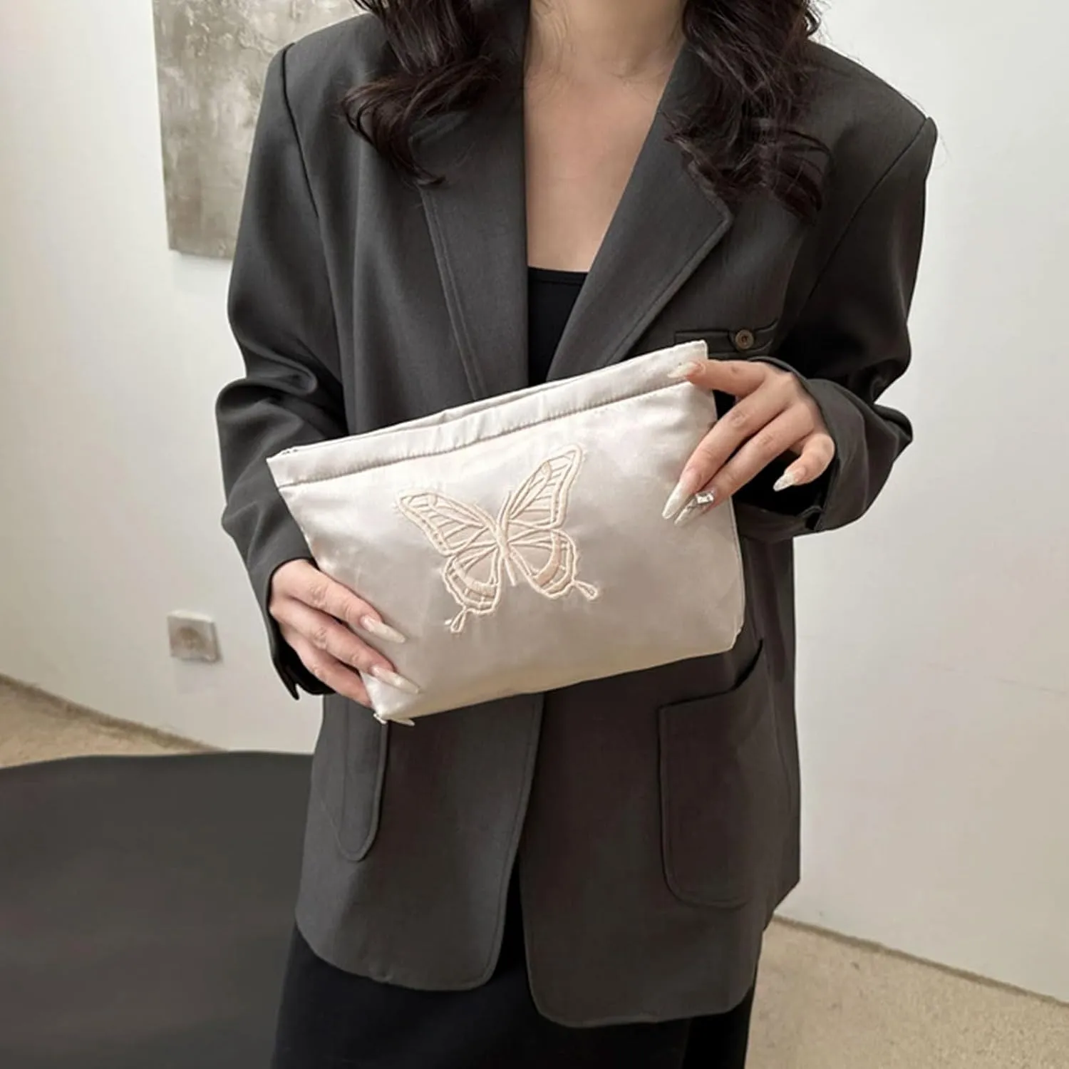 Fashion Satin Makeup bag with Butterfly Embroidery Cosmetic bag Cute Toiletry bag travel essentials (Light Pink)