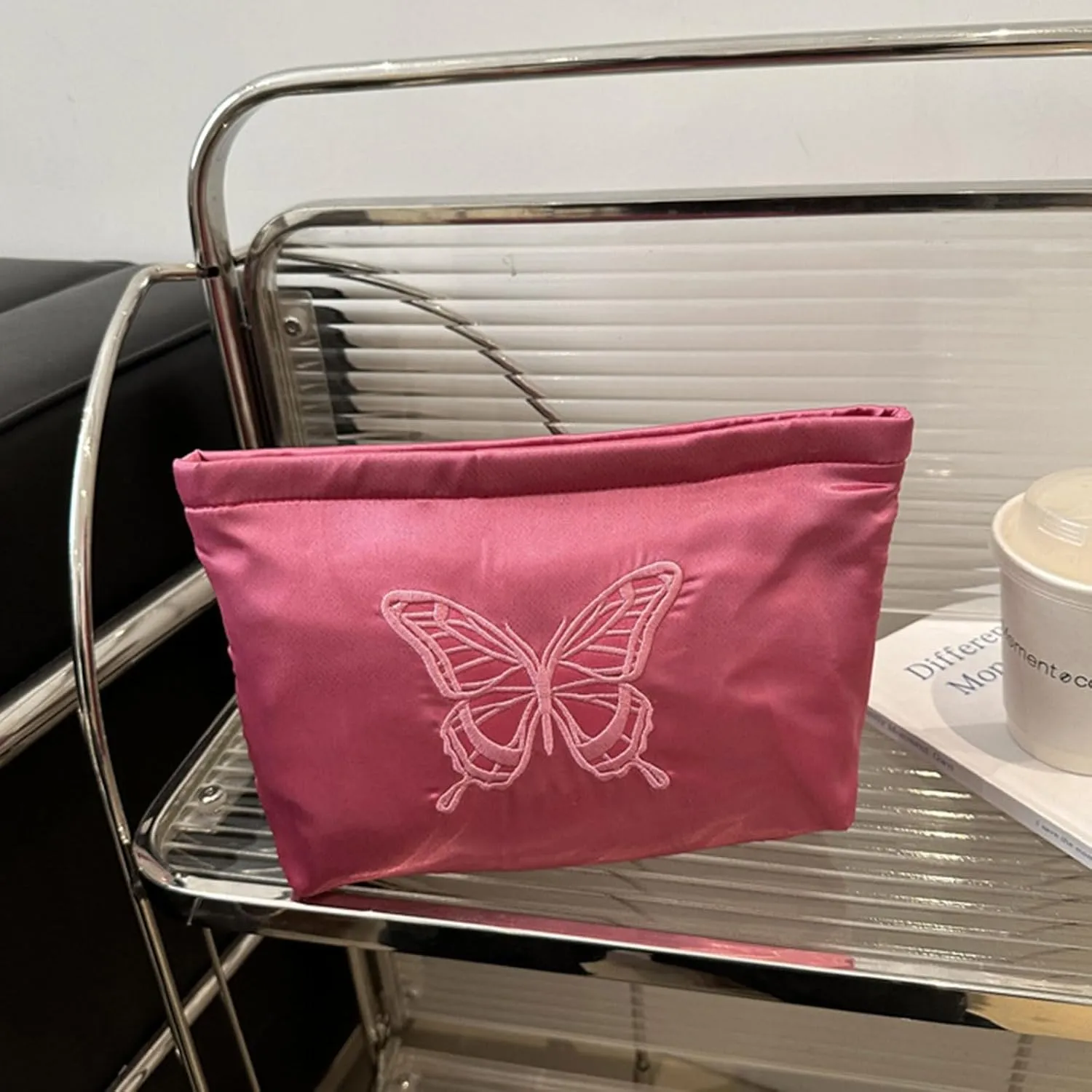 Fashion Satin Makeup bag with Butterfly Embroidery Cosmetic bag Cute Toiletry bag travel essentials (Pink)