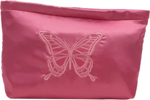 Fashion Satin Makeup bag with Butterfly Embroidery Cosmetic bag Cute Toiletry bag travel essentials (Pink)