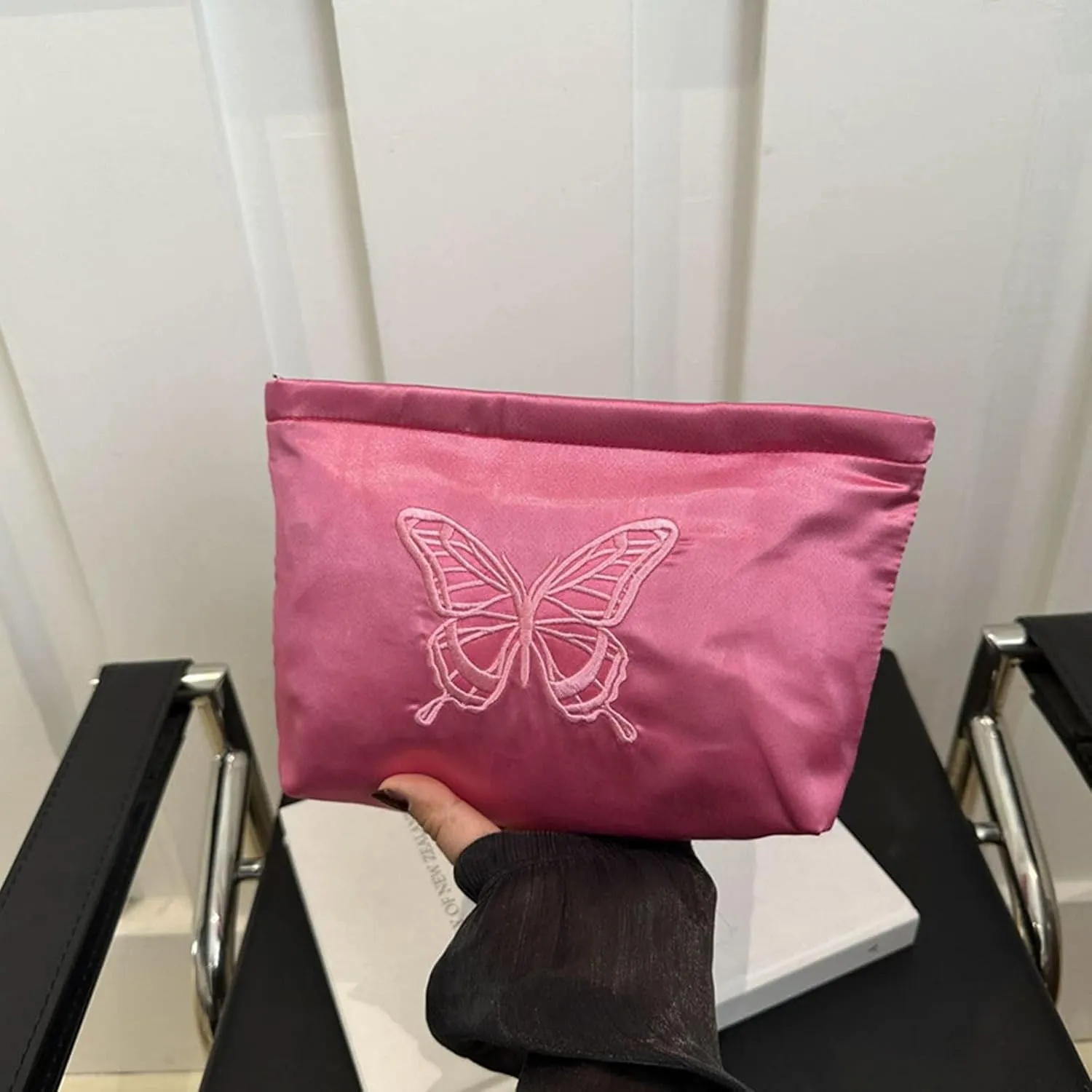 Fashion Satin Makeup bag with Butterfly Embroidery Cosmetic bag Cute Toiletry bag travel essentials (Pink)