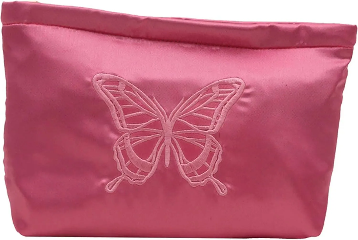 Fashion Satin Makeup bag with Butterfly Embroidery Cosmetic bag Cute Toiletry bag travel essentials (Pink)