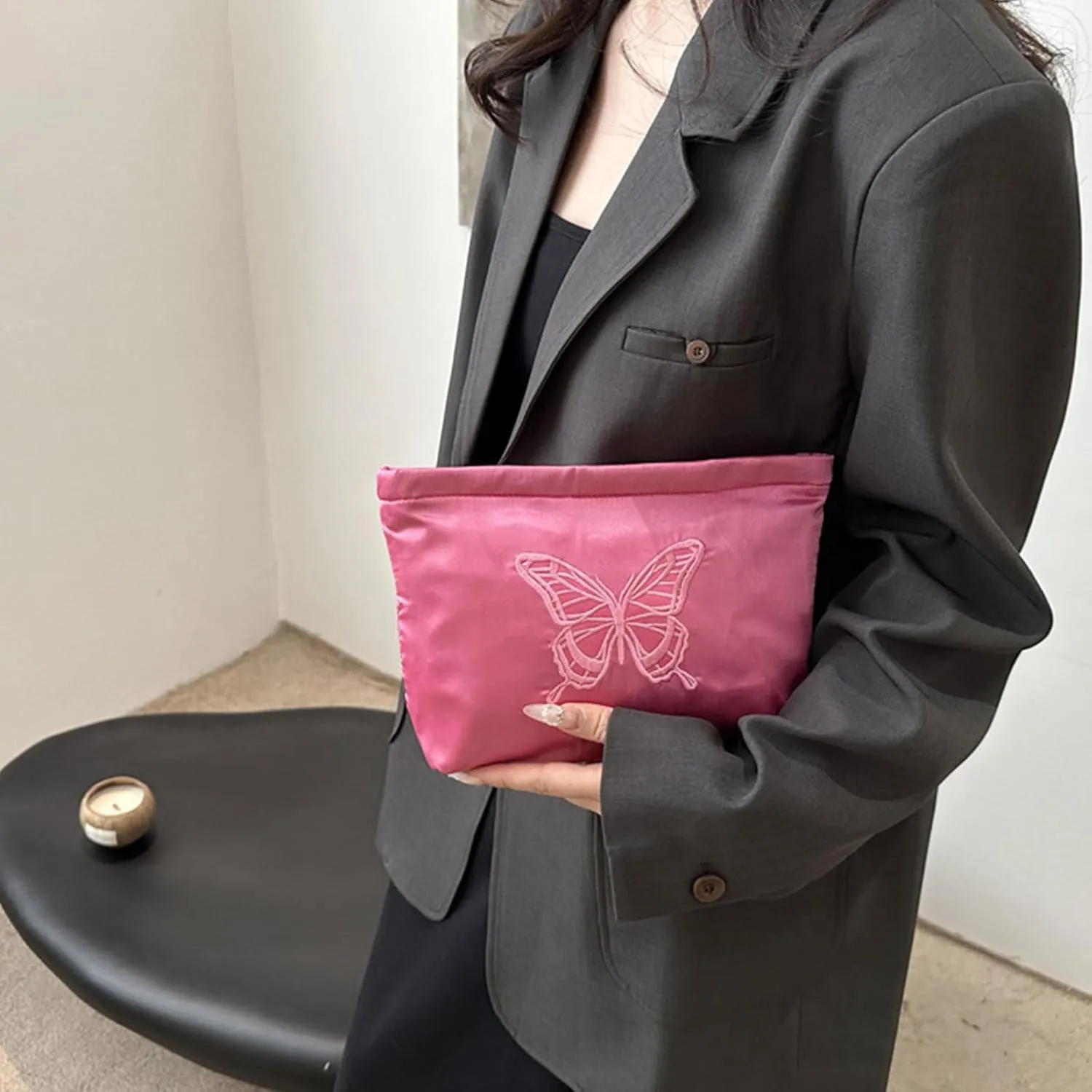 Fashion Satin Makeup bag with Butterfly Embroidery Cosmetic bag Cute Toiletry bag travel essentials (Pink)