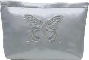 Fashion Satin Makeup bag with Butterfly Embroidery Cosmetic bag Cute Toiletry bag travel essentials (Silver)
