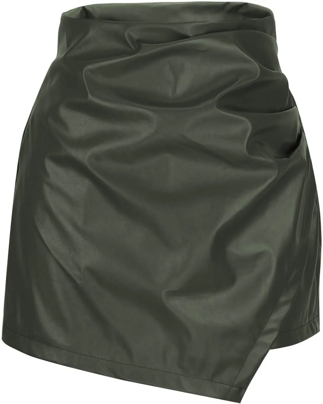 Faux Leather Skirts for Women Casual High Waisted PU Leather Skorts Summer Elastic Waist Ruched Wrap Skorts Skirts