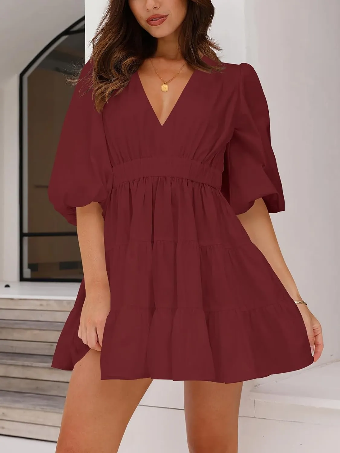 firfig Women's Casual Summer Dresses V Neck Half Sleeve Elastic Waist Flowy Tiered Short Mini Dress S-XXL