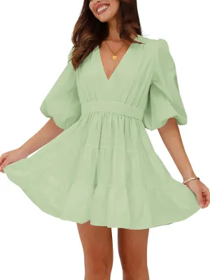 firfig Women's Casual Summer Dresses V Neck Half Sleeve Elastic Waist Flowy Tiered Short Mini Dress S-XXL