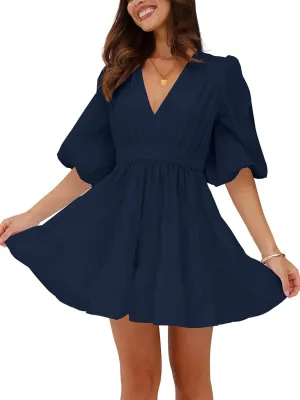 firfig Women's Casual Summer Dresses V Neck Half Sleeve Elastic Waist Flowy Tiered Short Mini Dress S-XXL