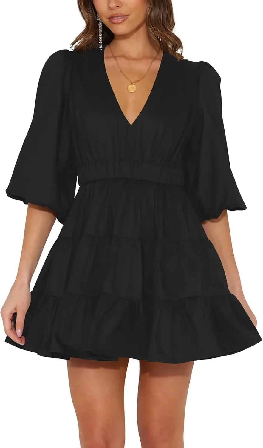 firfig Women's Casual Summer Dresses V Neck Half Sleeve Elastic Waist Flowy Tiered Short Mini Dress S-XXL