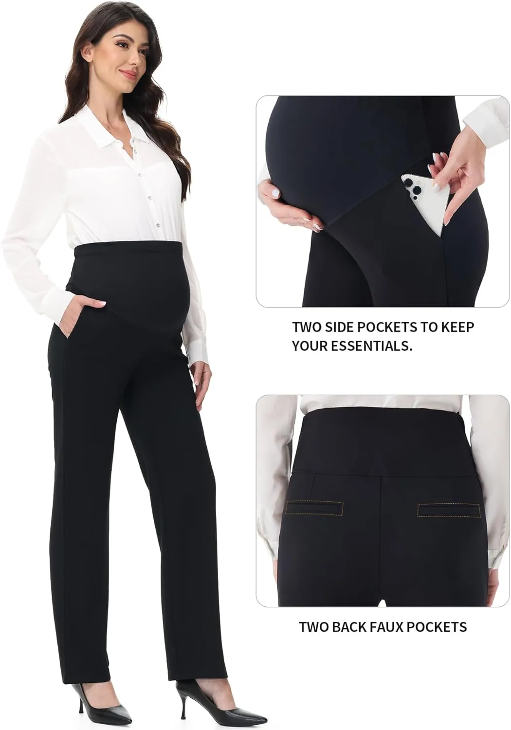 FIRST WAY Women's Maternity Straight Leg Pants  Over-Belly Stretch Work Pants with Pockets