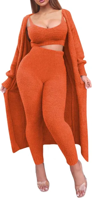 Fixmatti Women's Fuzzy Fleece 3 Piece Lounge Set Crop Tops Leggings Long Cardigan Knitted Sweatsuit Outfits