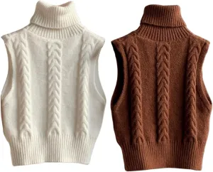 Floerns Women's 2 Piece Sleeveless Cable Knit Sweater Vest Turtleneck Pullover Tops