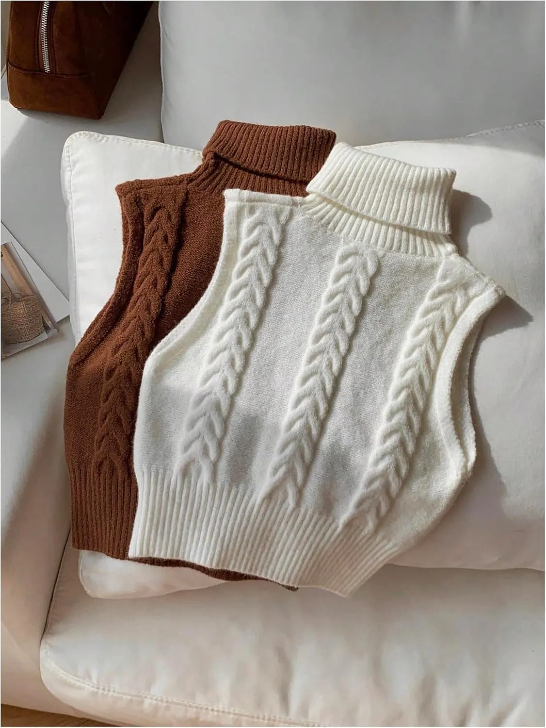 Floerns Women's 2 Piece Sleeveless Cable Knit Sweater Vest Turtleneck Pullover Tops