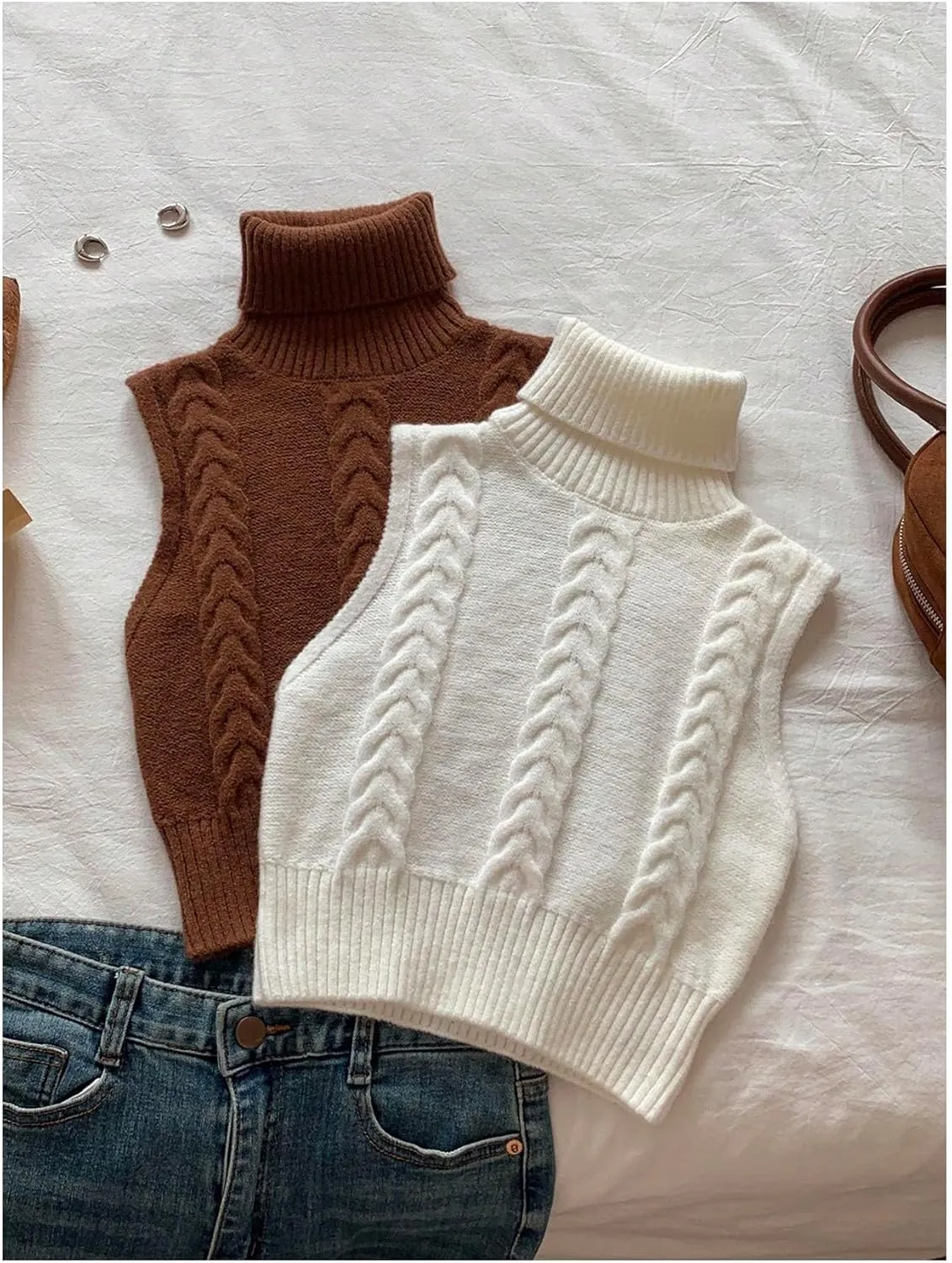 Floerns Women's 2 Piece Sleeveless Cable Knit Sweater Vest Turtleneck Pullover Tops