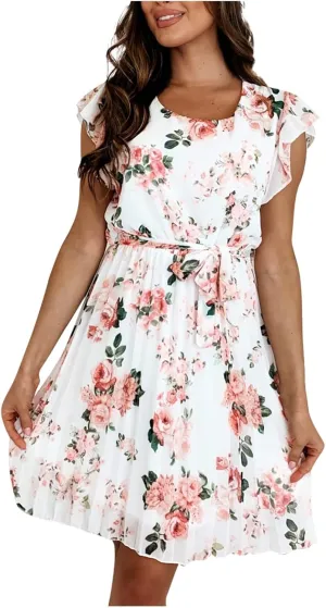 Floral Dress for Women 2025 Summer Short Sleeve Chiffon Boho Mini Dress Elegant Ruffle Vacation Beach Dress with Belt