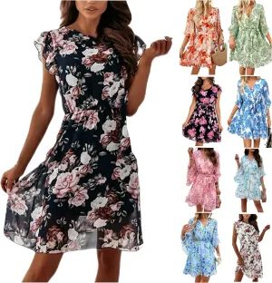 Floral Dress for Women 2025 Summer Short Sleeve Chiffon Boho Mini Dress Elegant Ruffle Vacation Beach Dress with Belt