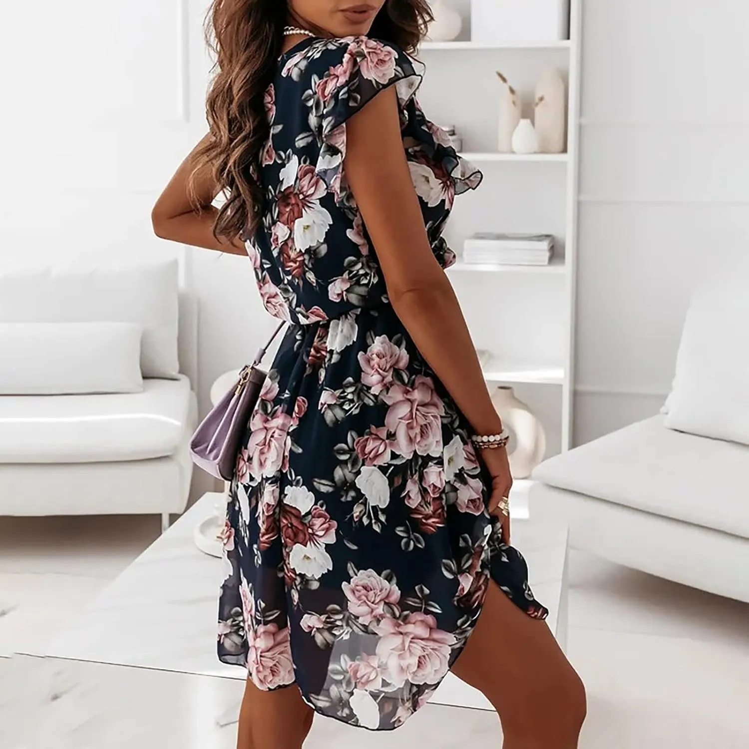 Floral Dress for Women 2025 Summer Short Sleeve Chiffon Boho Mini Dress Elegant Ruffle Vacation Beach Dress with Belt