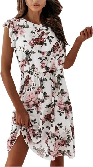 Floral Dress for Women 2025 Summer Short Sleeve Chiffon Boho Mini Dress Elegant Ruffle Vacation Beach Dress with Belt