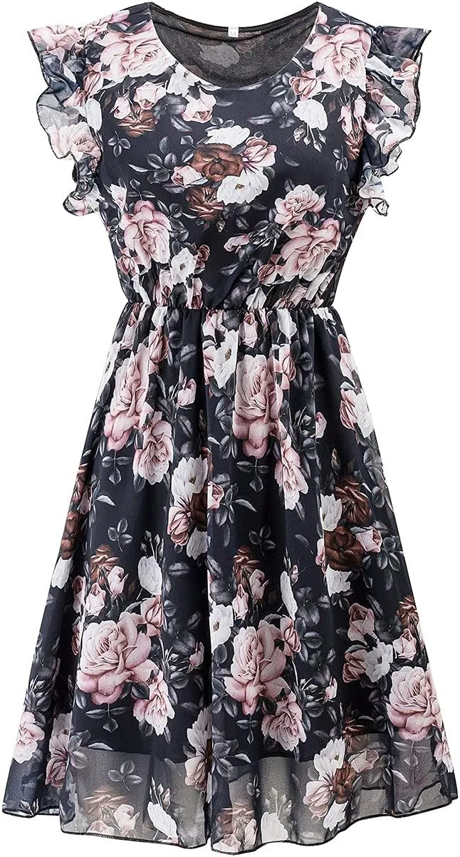 Floral Dress for Women 2025 Summer Short Sleeve Chiffon Boho Mini Dress Elegant Ruffle Vacation Beach Dress with Belt