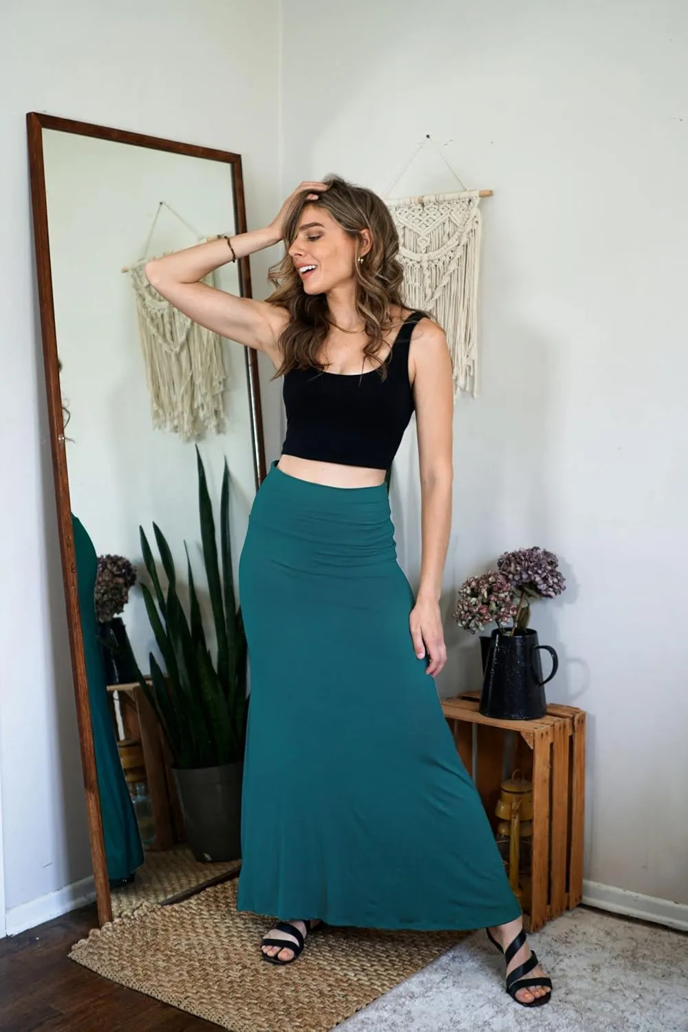 Free to Live 3 Pack Long Skirts for Women Fall Stretchy Flowy Maxi Skirt Dressy Casual for Work, Soft Fold Over High Waisted