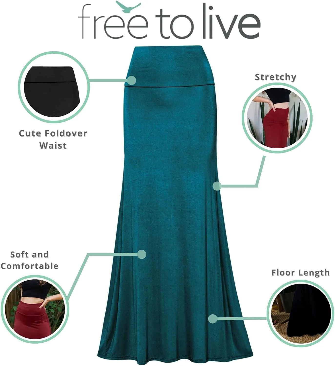 Free to Live 3 Pack Long Skirts for Women Fall Stretchy Flowy Maxi Skirt Dressy Casual for Work, Soft Fold Over High Waisted