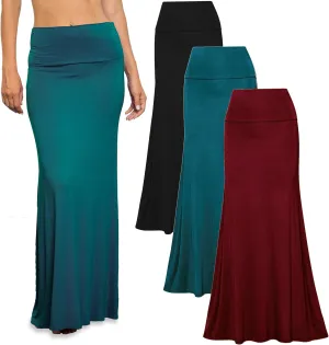 Free to Live 3 Pack Long Skirts for Women Fall Stretchy Flowy Maxi Skirt Dressy Casual for Work, Soft Fold Over High Waisted
