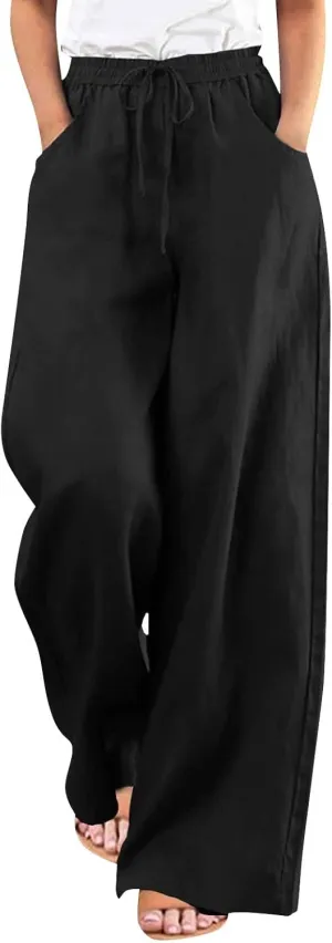 FRMUIC Women Cotton Linen Pants Summer High Waist Wide Leg Pants Drawstring Loose Trousers Casual Lounge Pants with Pocket